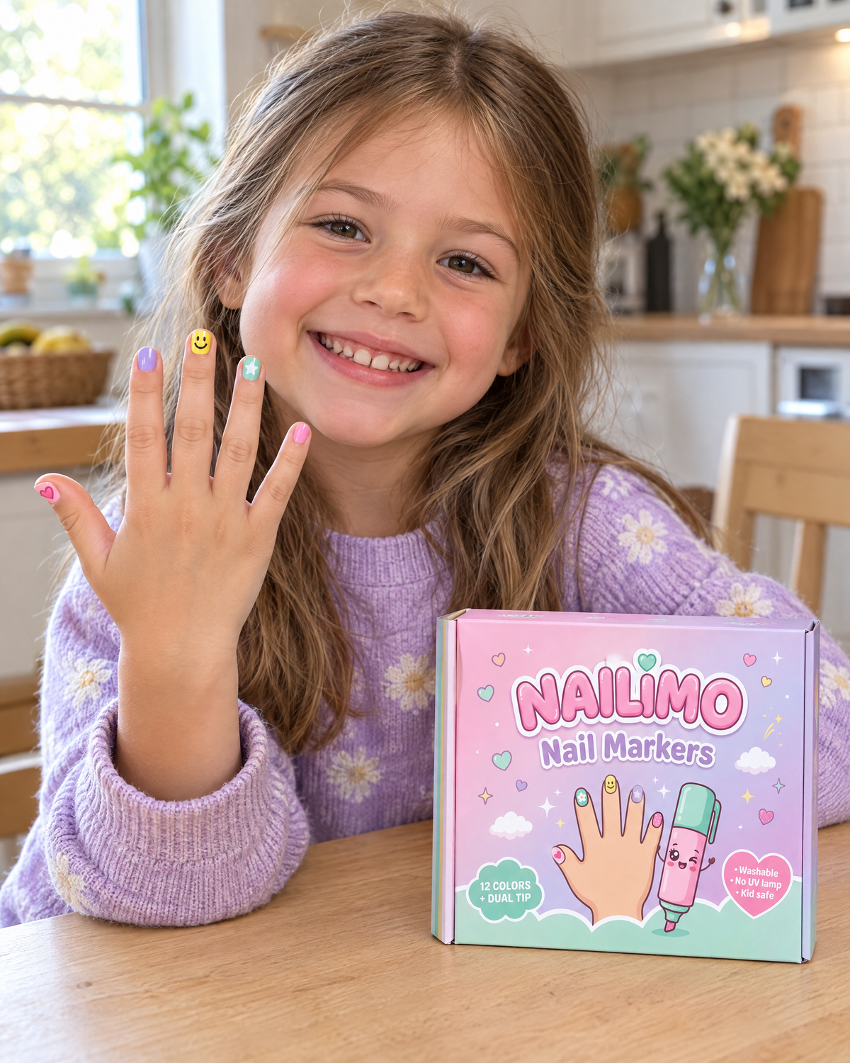 Girl showing nails drawn with NAILIMO nail markers