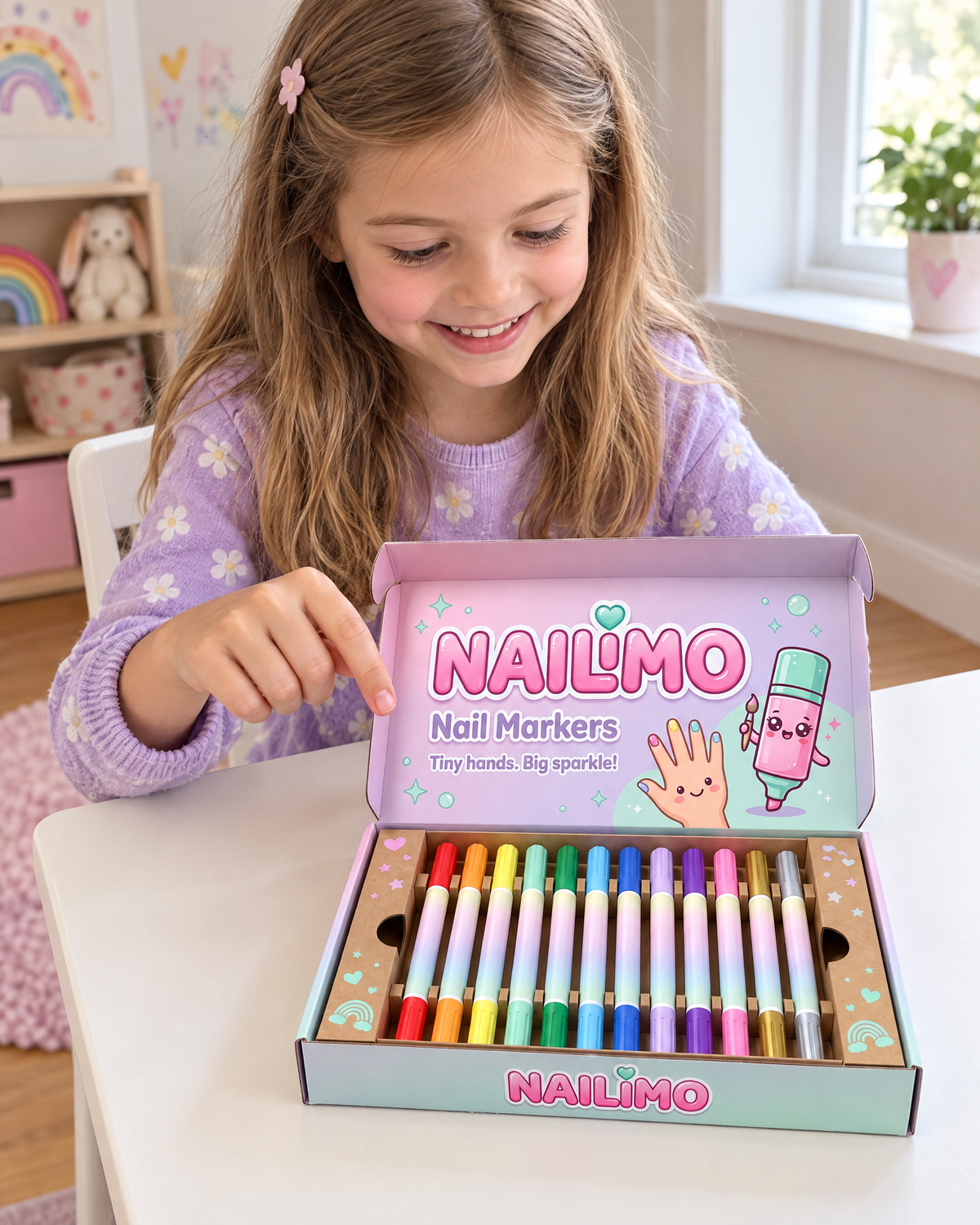 Girl choosing a color from the open NAILIMO box