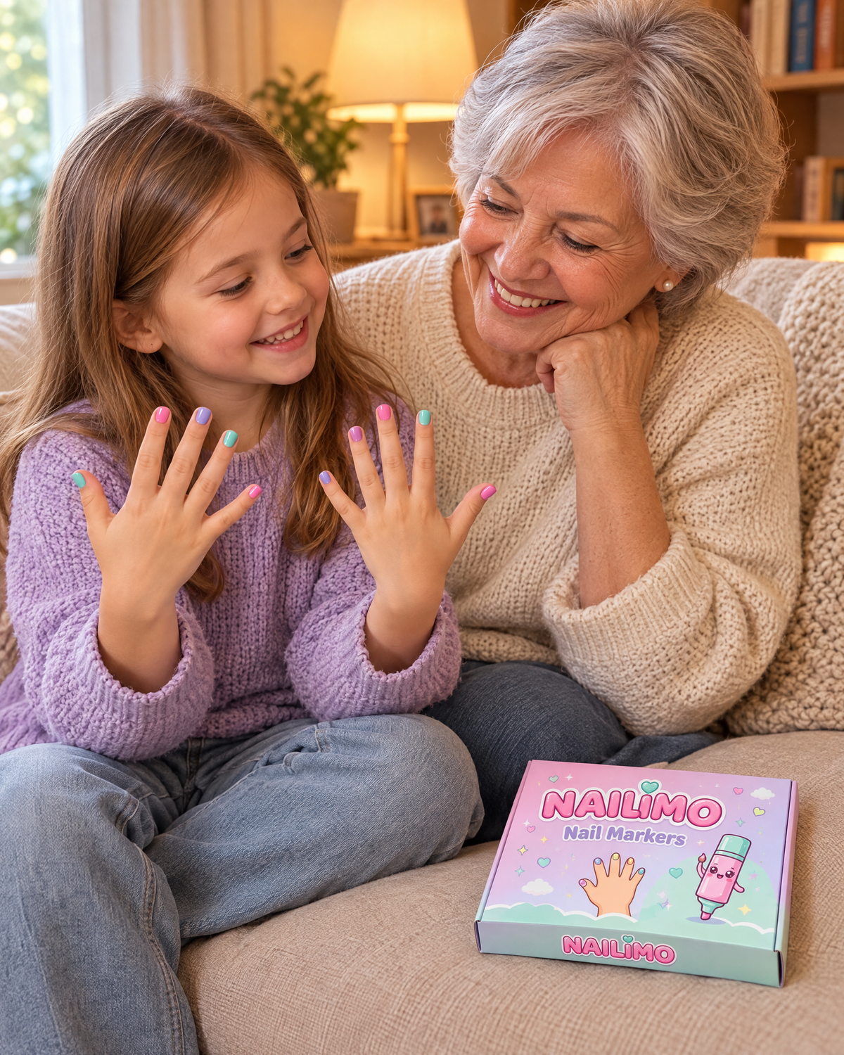 Girl proudly showing her NAILIMO nails to grandma